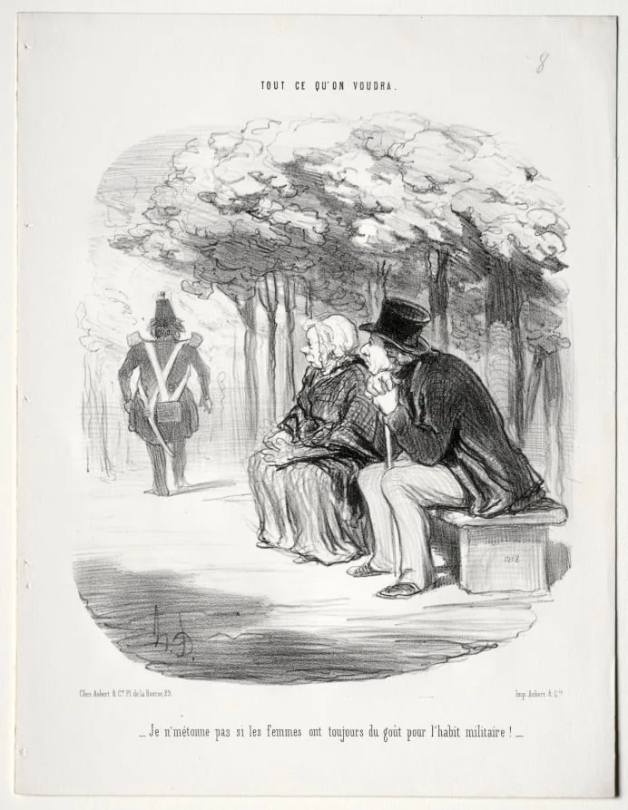 I am not surprised  women are still fond of men in uniform., by Honoré Daumier, 1848