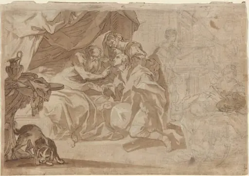 Jacob and Rebecca before Isaac [recto]