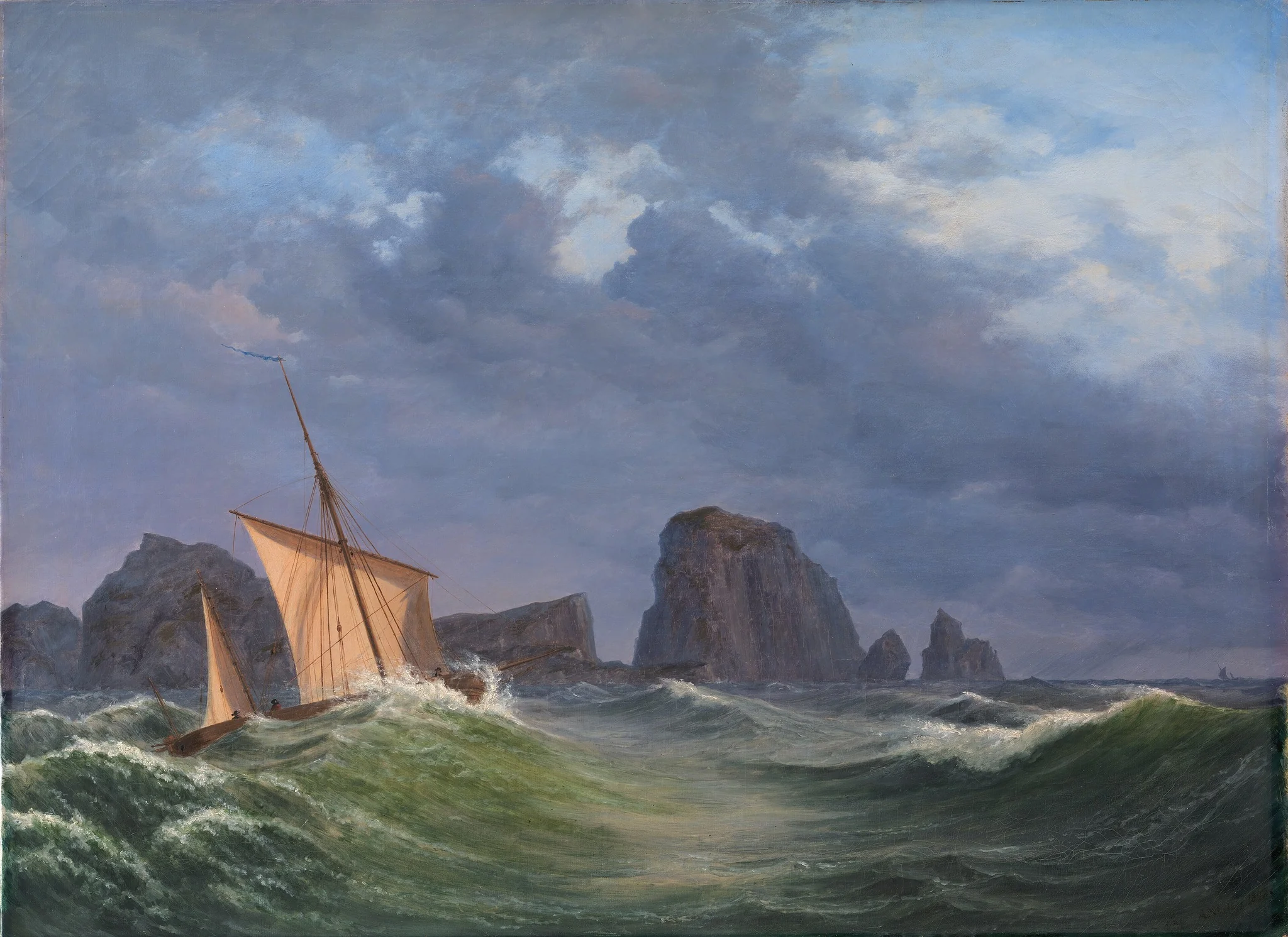 En shetlandsk fiskerbåd i stormfuldt vejr nord for Orkneyøerne, by Anton Melbye, oil, 1842