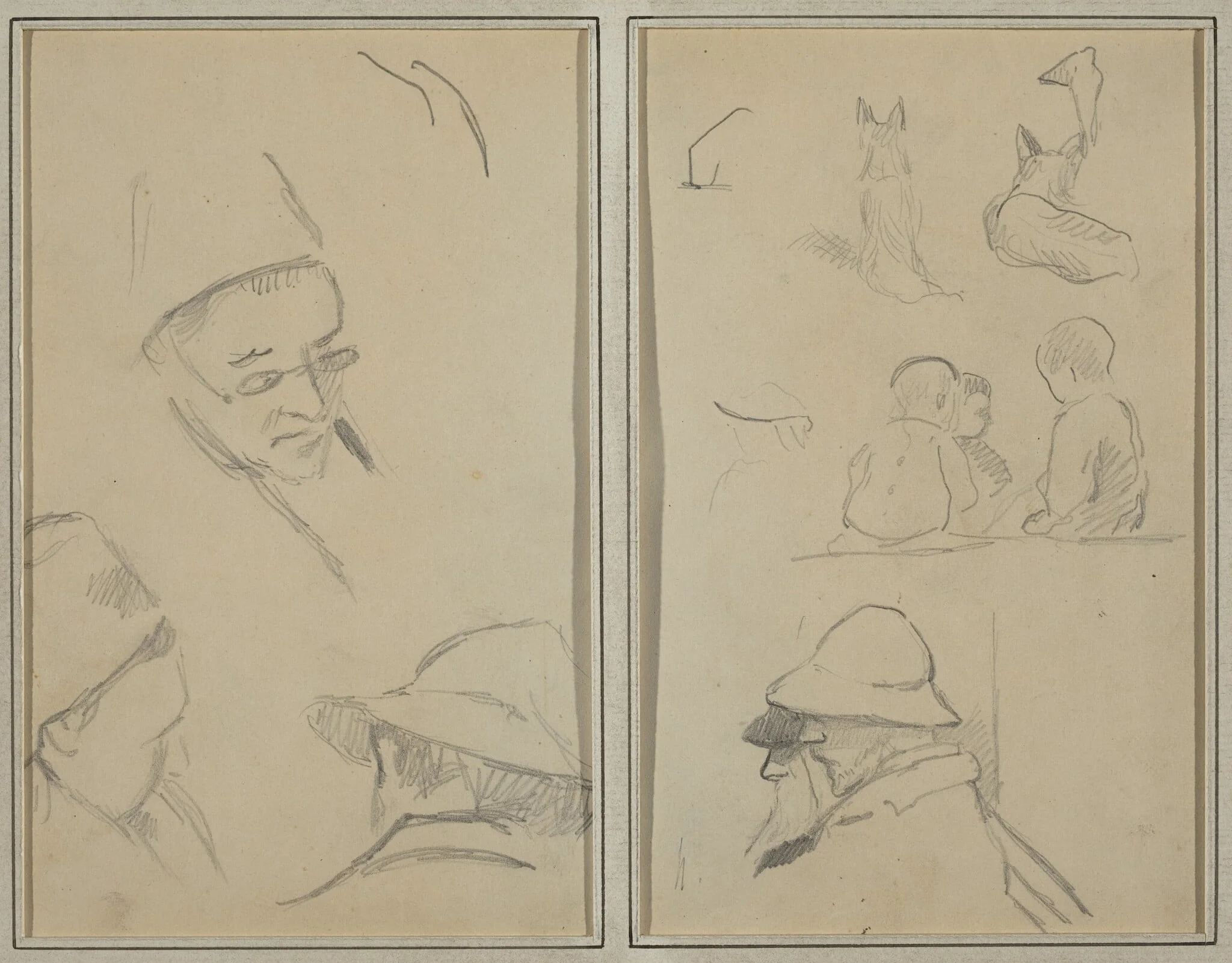 Three Studies of Men's Heads, One with Spectacles; Dogs, Children, and Two Bearded Men in Profile [verso], by Paul Gauguin, graphite, 1886