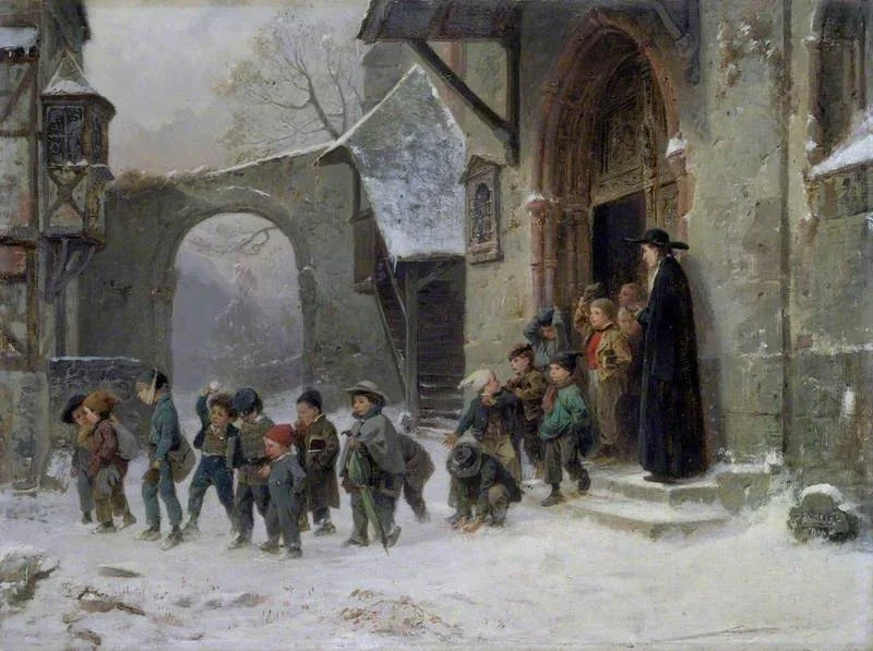 Snow Scene: Children Leaving School, by Benjamin Vautier, oil, 1853