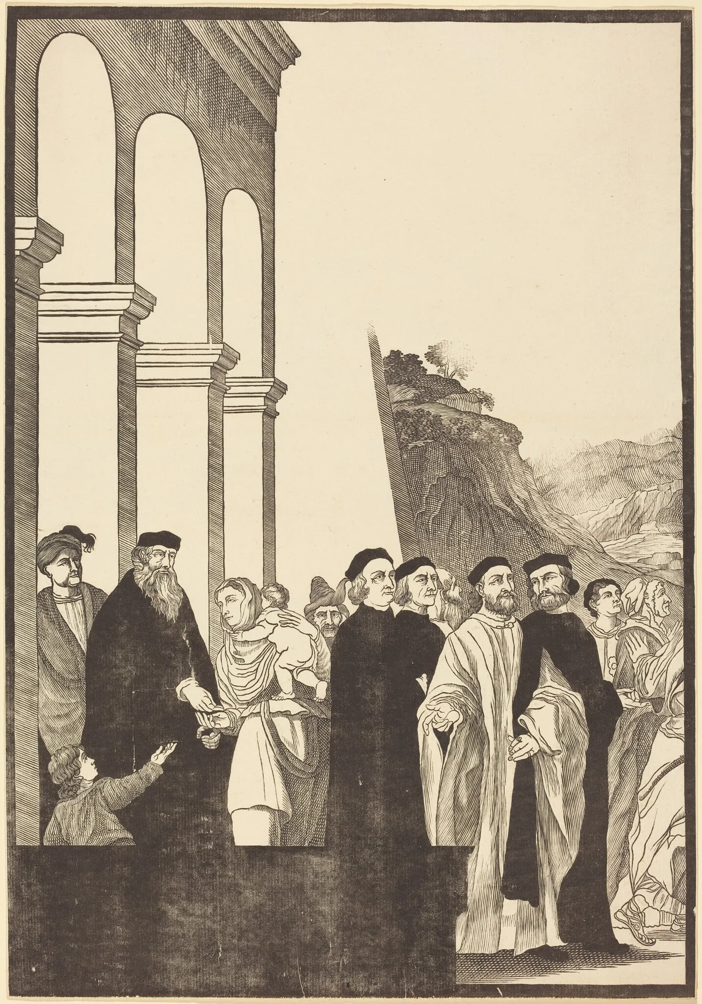 Presentation of the Virgin in the Temple [left plate], by John Baptist Jackson, ink, 1742