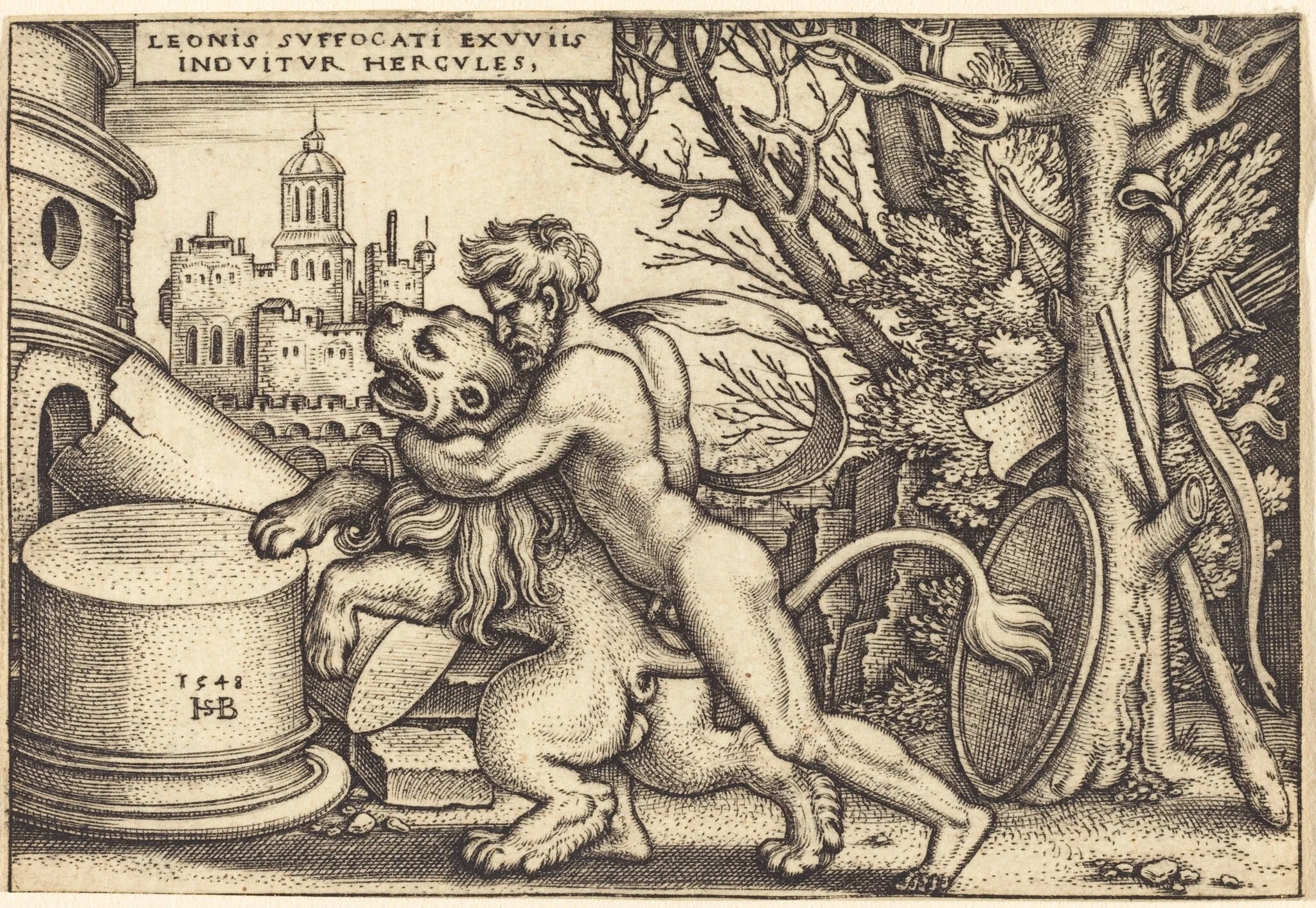 Hercules Killing the Nemean Lion, by Sebald Beham, ink, 1548