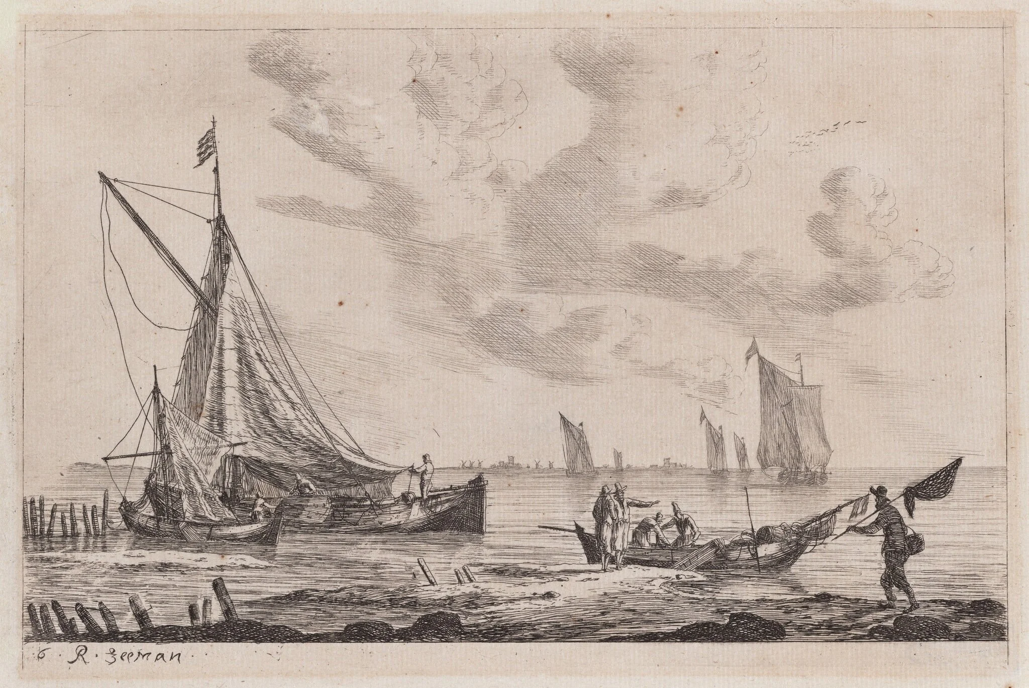 Shore of Inland Waterway with a Ketch, Two Smaller Boats, and Fisherman, by Nooms, called Zeeman, Reinier, ink, 1656