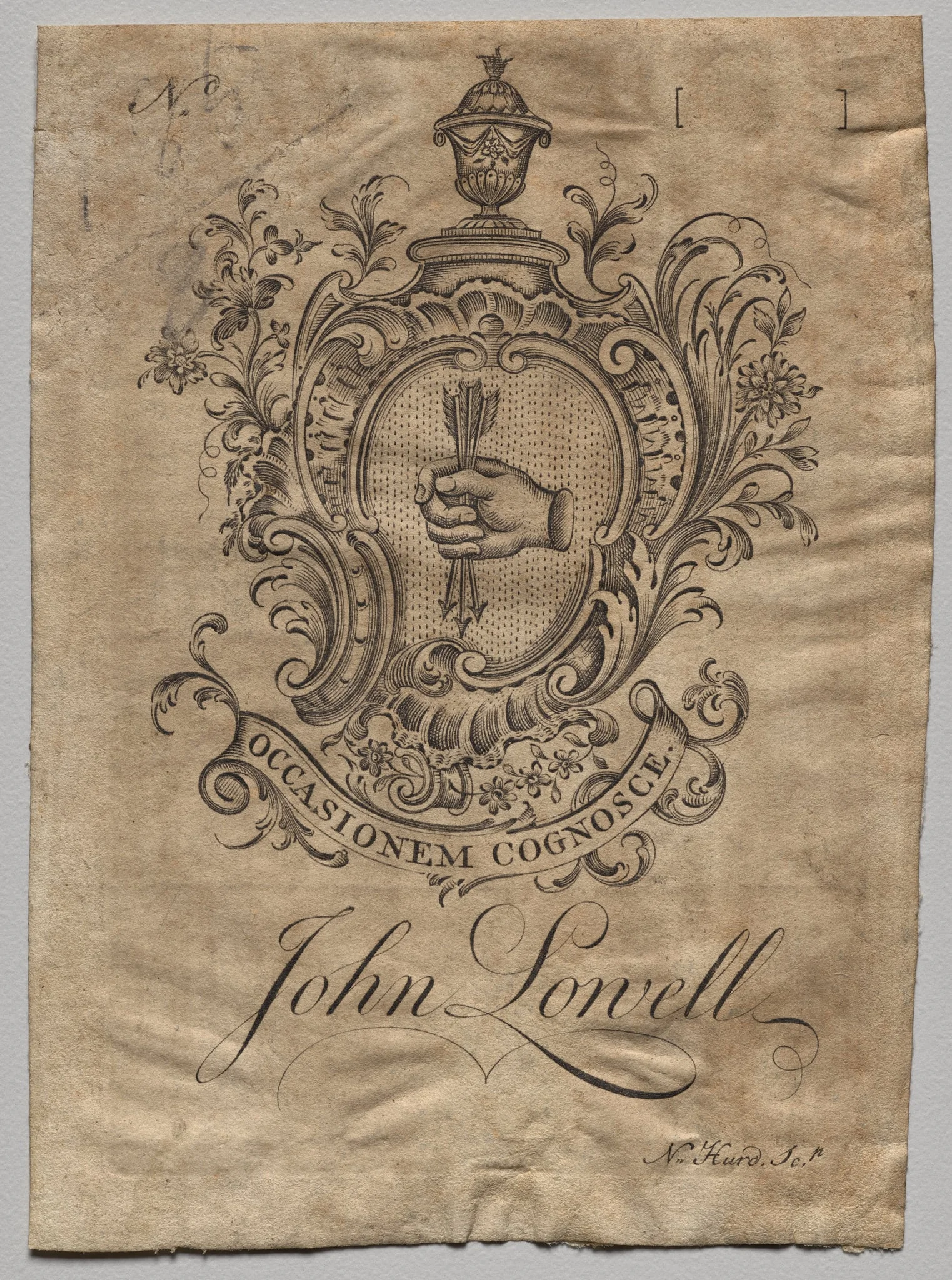 Bookplate:  Coat of Arms with John Lowell inscribed, by Nathaniel Hurd, 1764