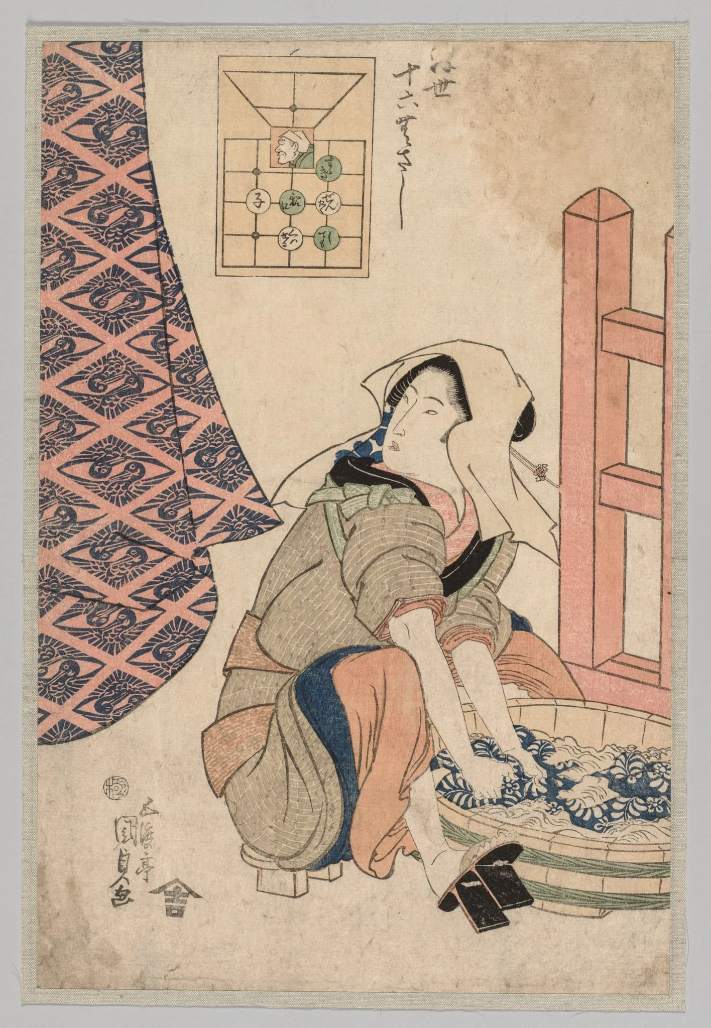 Seated Woman Washing Clothes in a Wooden Tub, by Utagawa Kunisada, 1825