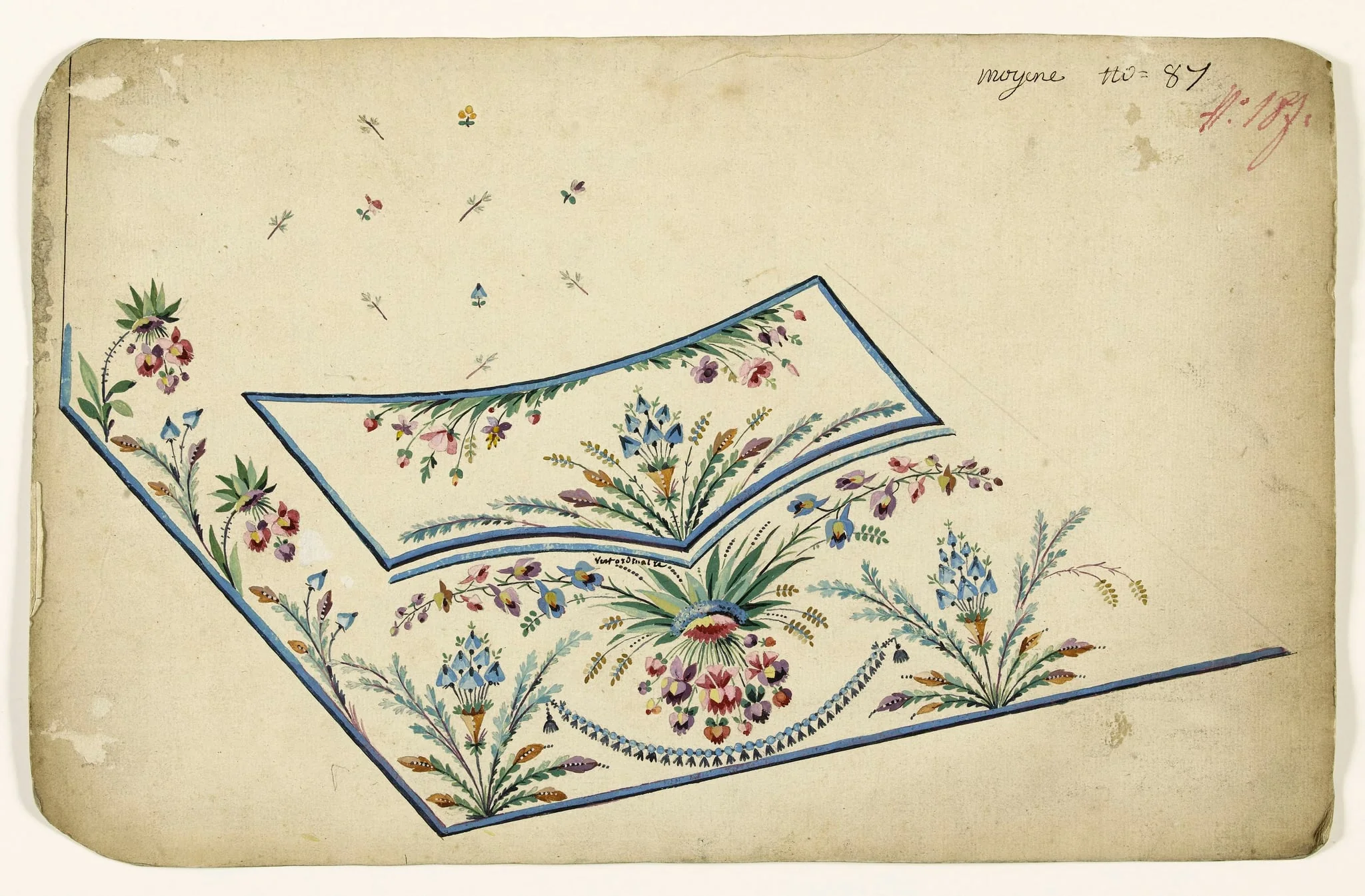 Composition en bouquets de branches fleuries et guirlande de passementerie bleue, projets de broderies de gilet, XVIIIème siècle, by Anonyme, 1750
