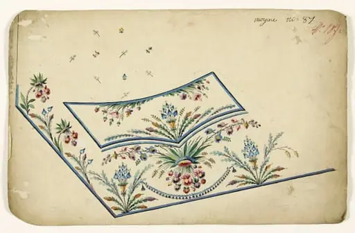 Composition en bouquets de branches fleuries et guirlande de passementerie bleue, projets de broderies de gilet, XVIIIème siècle