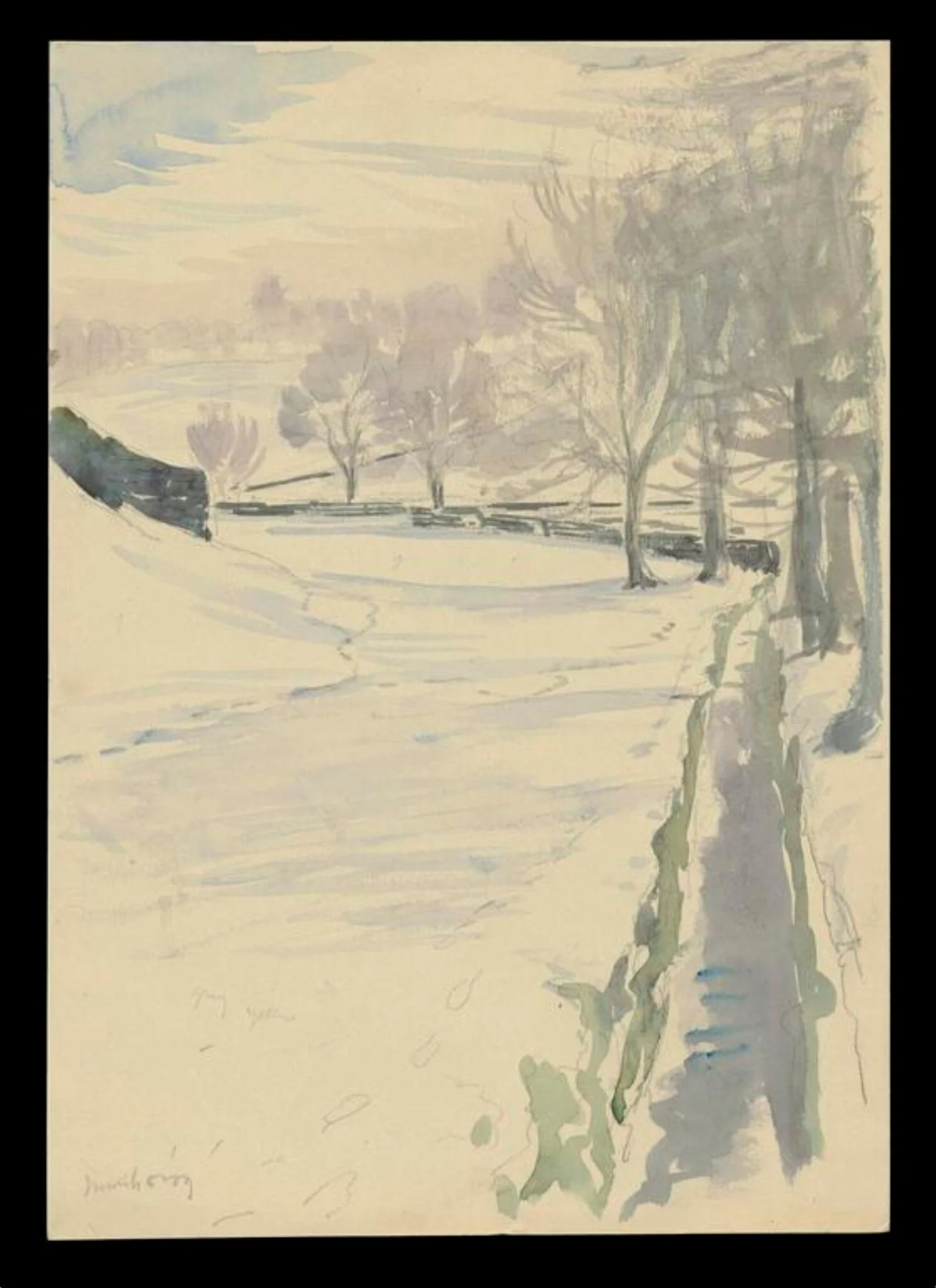 Snow scene with a path and trees