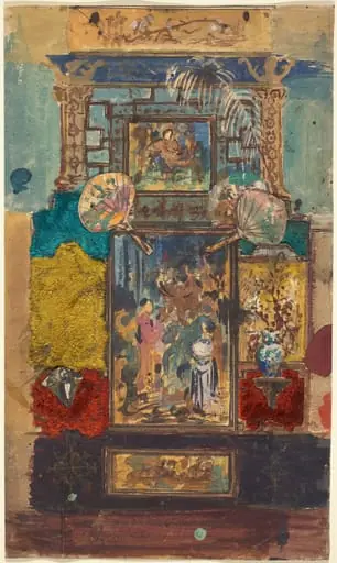 Stage Set Consisting Of Painted Panels, Fabrics, And Fans
