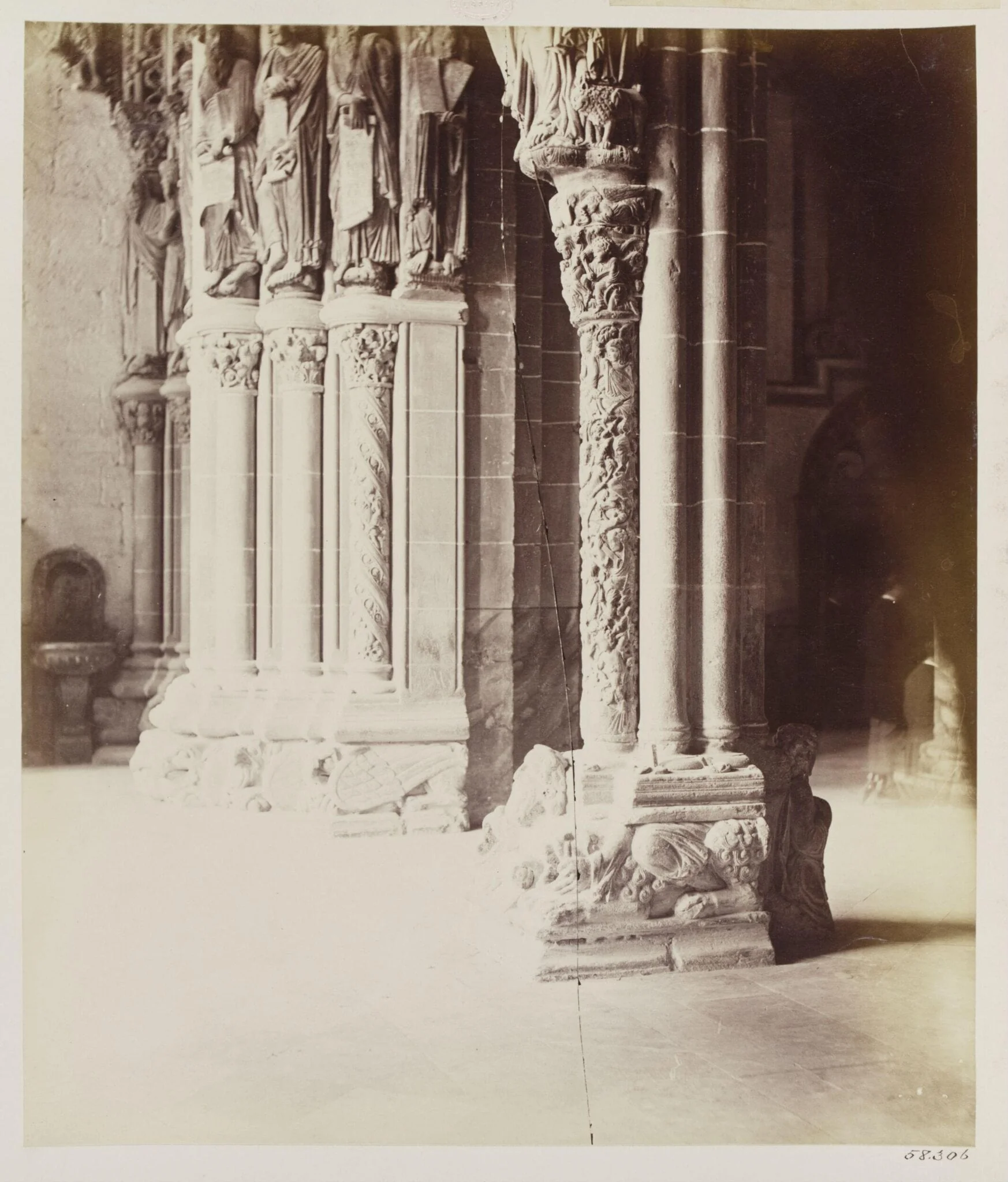 Cathedral, Santiago, Spain, Portico de la Gloria, detail of base of piers, by Charles Thurston Thompson, photographic, 1867