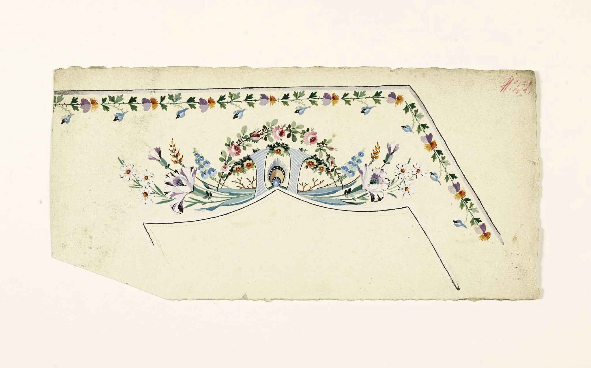 Composition avec brins et guirlandes de fleurs encadrant une plume de paon, projets de broderies de gilet, XVIIIème siècle, by Anonyme, 1750