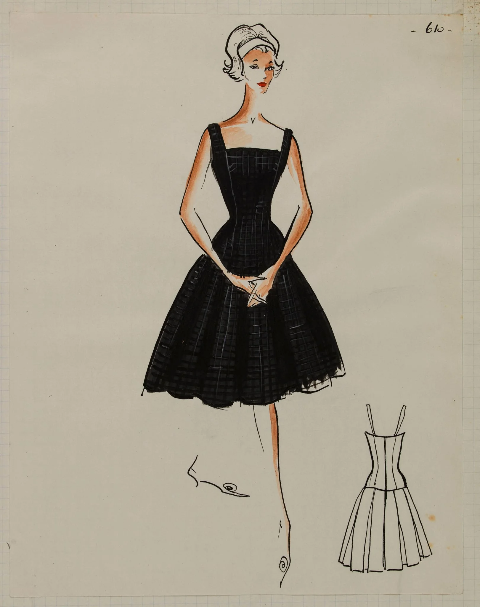 Robe noire à carreaux à bretelles et jupe évasée à plis creux, by Marie-Louise Carven, 1958