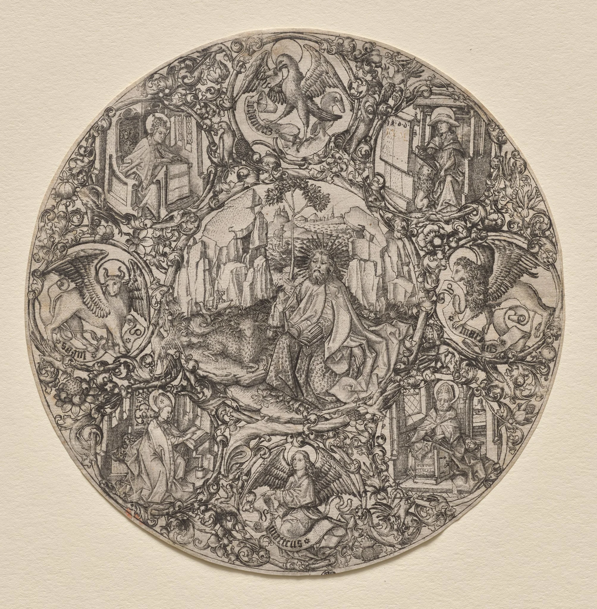St. John the Baptist Surrounded by the Evangelists and Four Fathers of the Latin Church, by Master E.S., 1466
