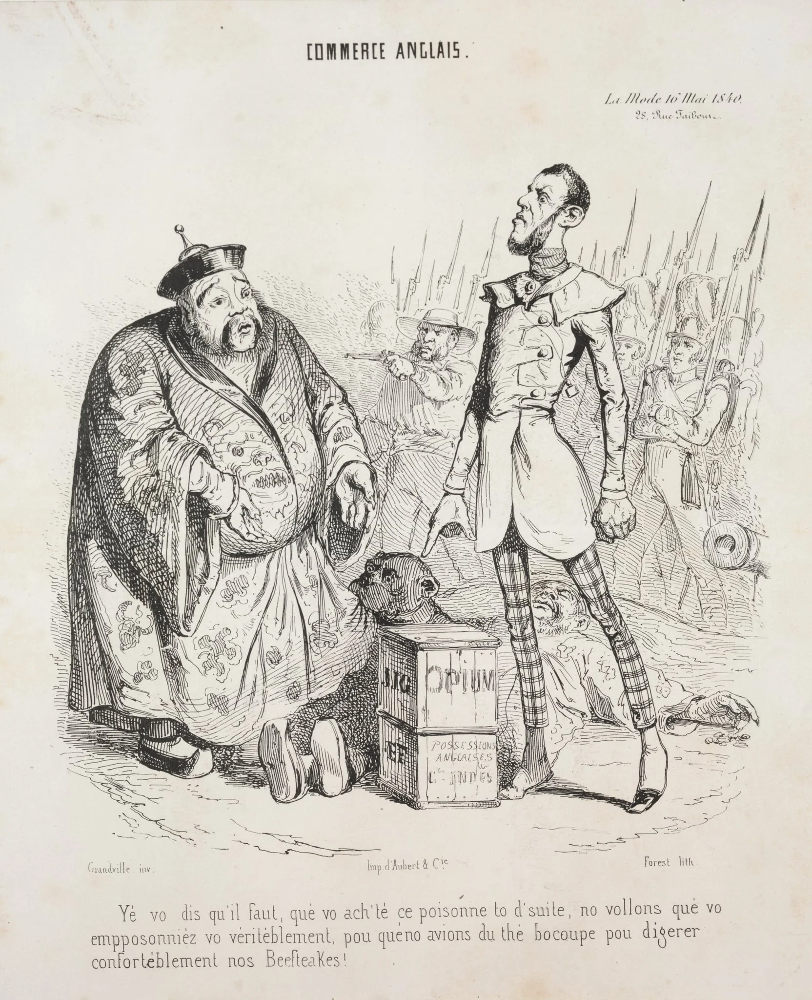 Commerce anglais.  Yé vo dis qu'il faut, que vo ach'te ce poisonne to d'suite, no vollons que vo empposonniez vo véritéblement, pou que'no avions du thé bocoupe pou digerer conforteblément nos Beefteakes!, by Jean-Jacques Grandville, 1840