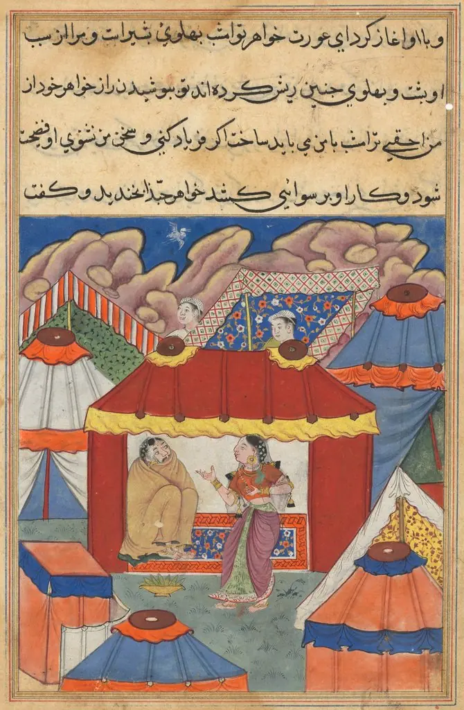 Habbaza’s sister, who is sent to console her, discovers the disguised Arab in her place, from a Tuti-nama (Tales of a Parrot): Twenty-fourth Night