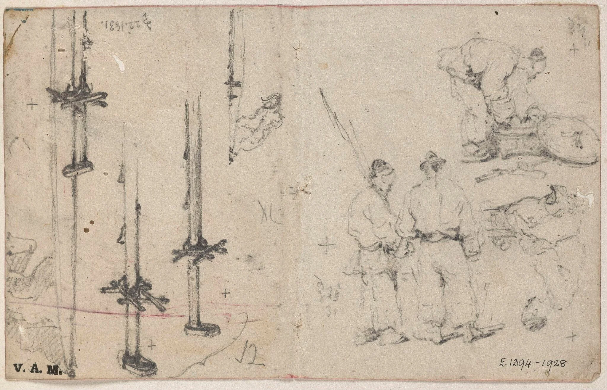 Studies of Chinese figures, and of masts, by George Chinnery, 17