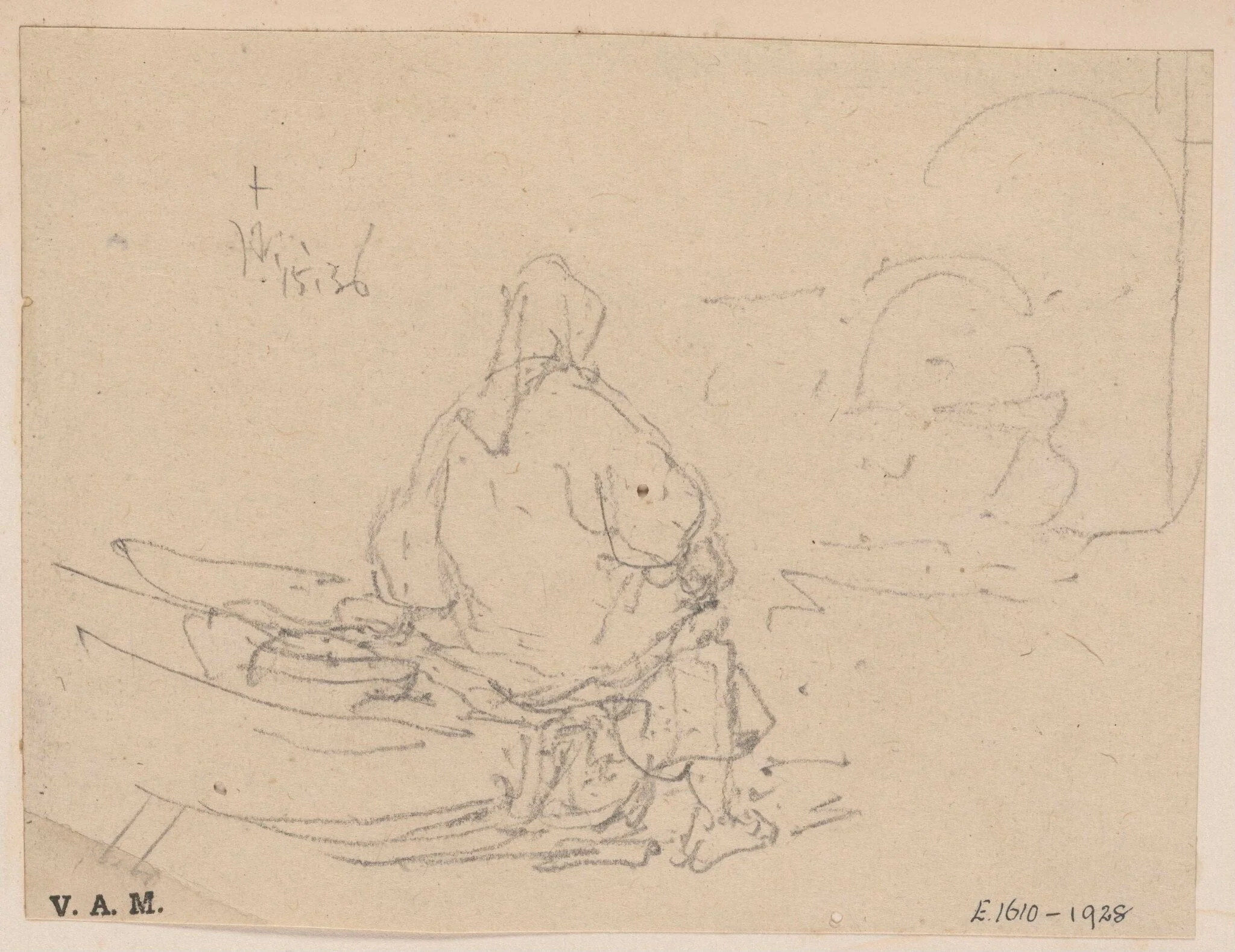 A boatwoman sitting on a beached boat, by George Chinnery, 8