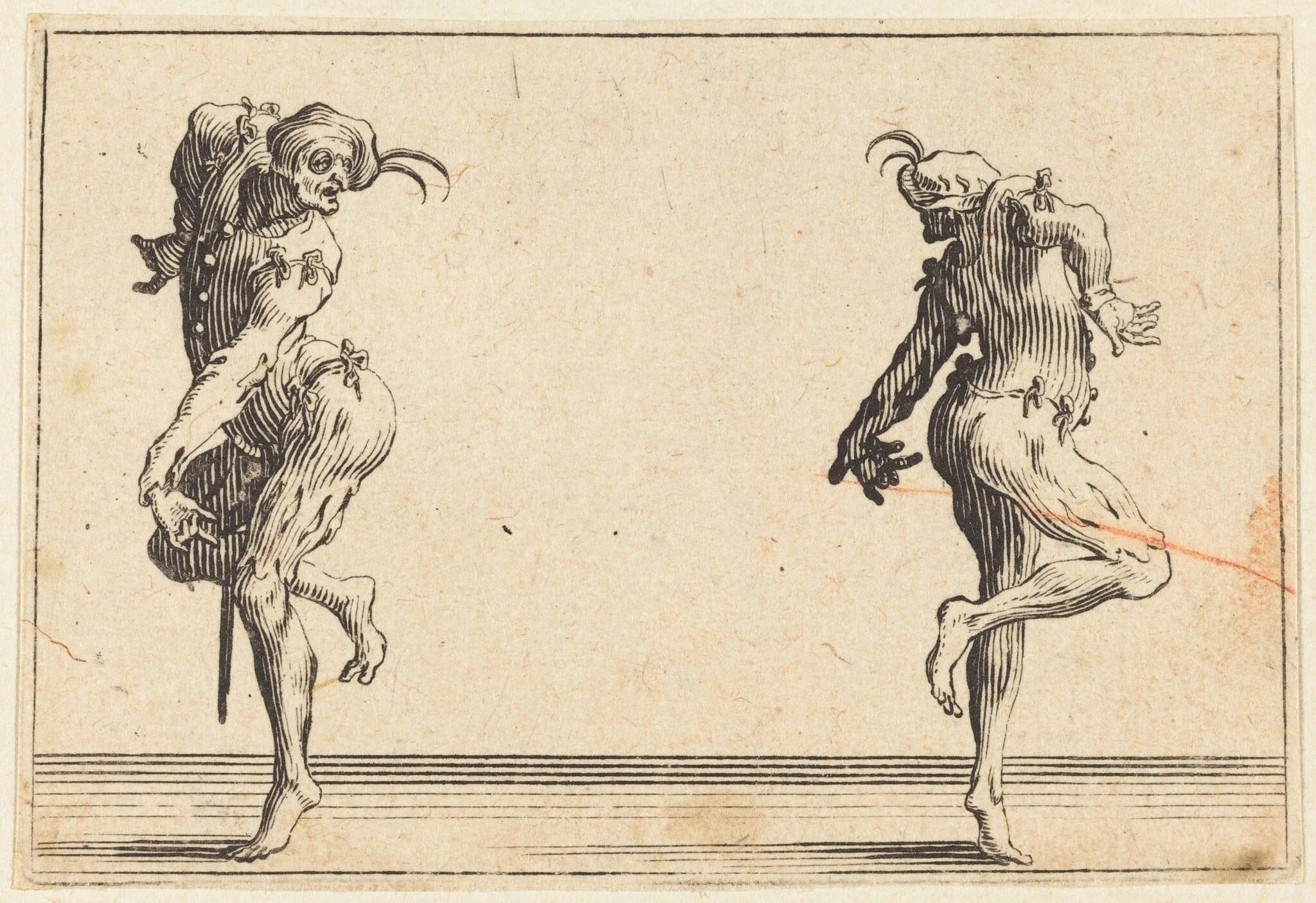 Two Pantaloons Dancing, by Jacques Callot, ink, 1622