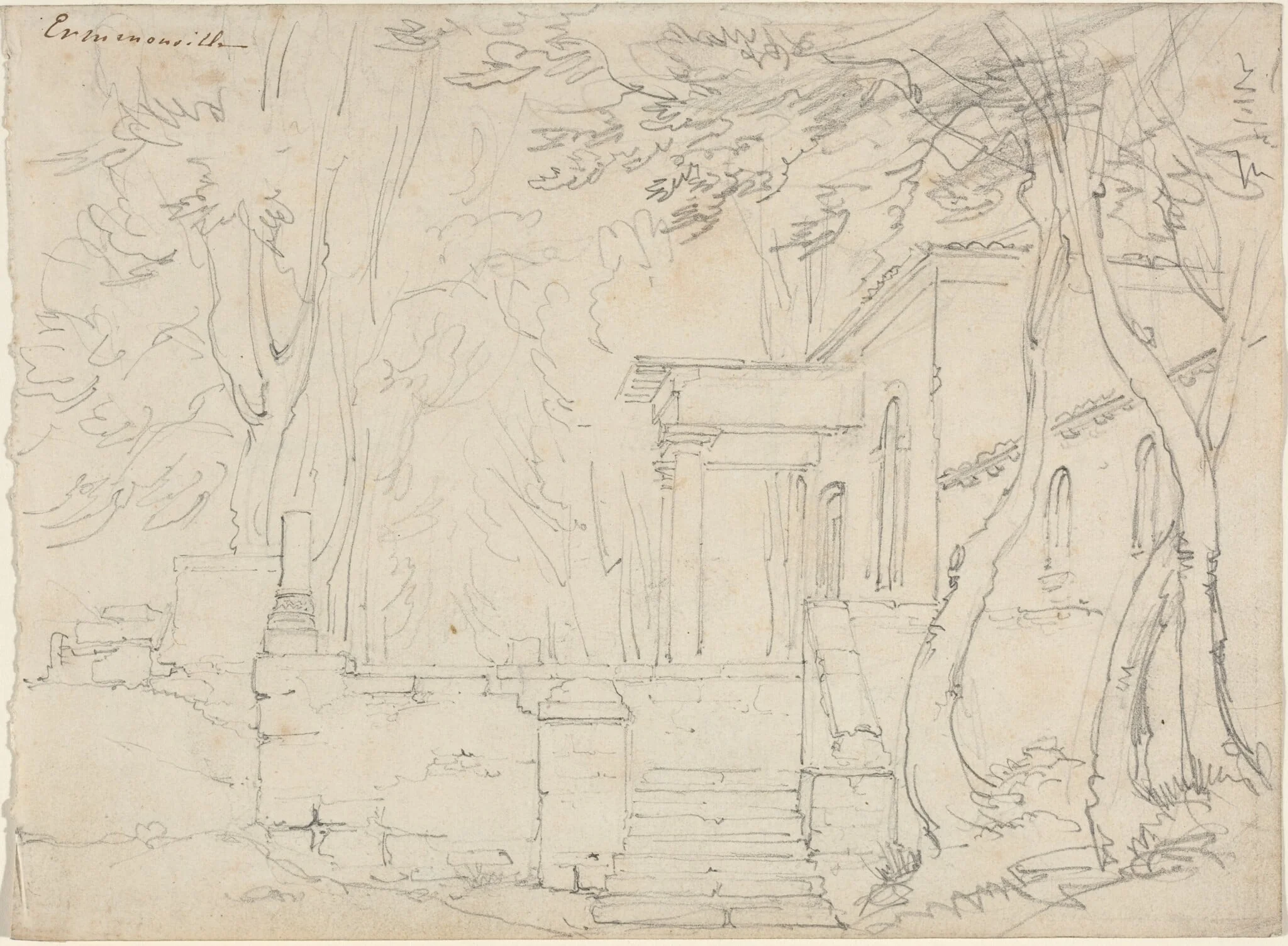 House with a Portico at Ermenonville, by François-Édouard Bertin, graphite, 1834
