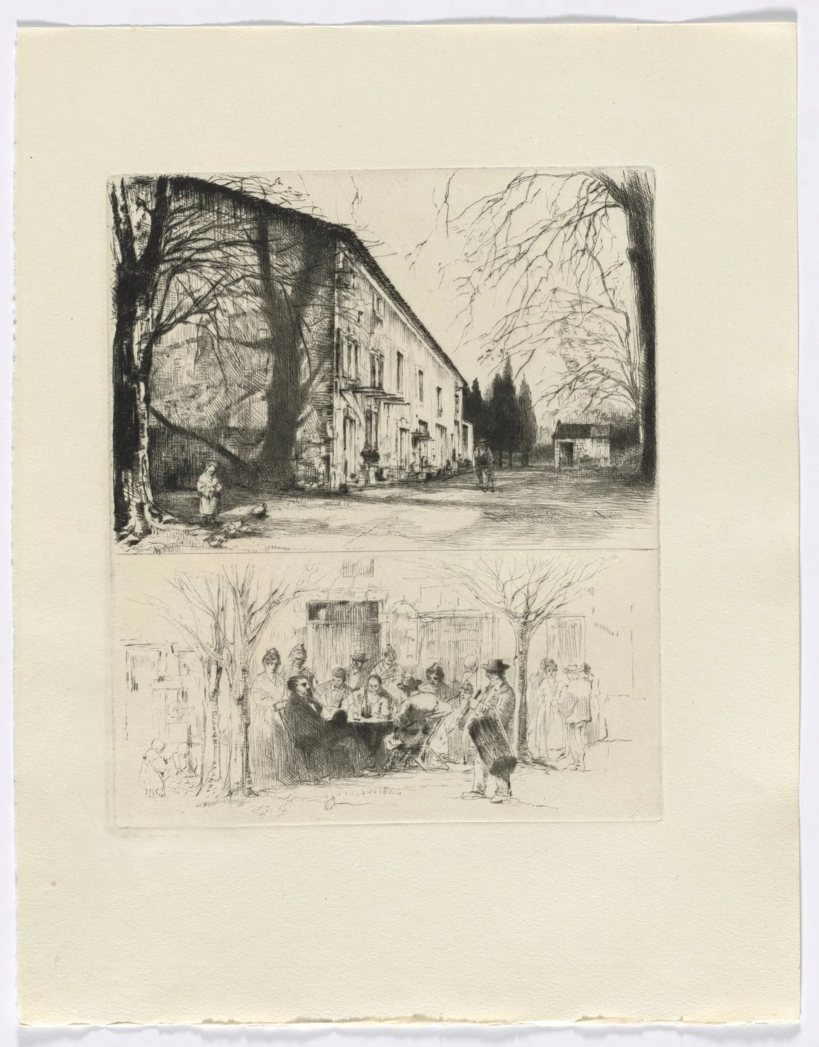 Frédéric Mistral: Mémoires et Recits by Frédéric Mistral: street scene/ people at outdoor table (insert after p. 24) DUPLICATE, by Auguste Brouet, 1937