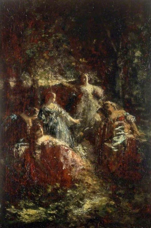 Elegant Ladies in a Forest Clearing, by Adolphe Joseph Thomas Monticelli, oil, 1859