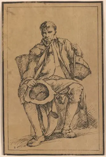 Forty Lithographic Impressions from Drawings of Landscape Scenery by Thomas Barker, Selected from His Studies of Rustic Figures after Nature: Seated Man with Baskets Holding Hat and Walking Stick
