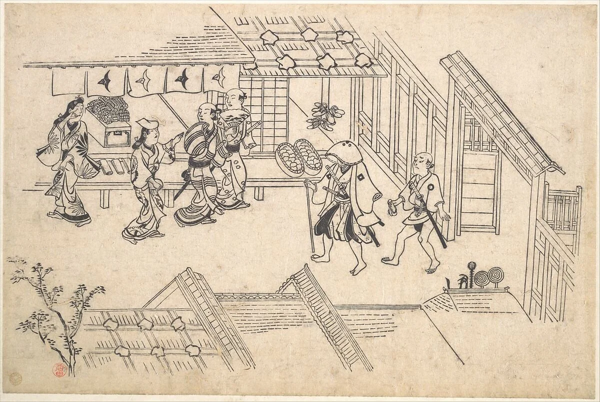 よしわらの躰　揚屋町入り口|The Entrance to Ageya-machi, from the series Scenes in the Yoshiwara (Yoshiwara no tei), by Hishikawa Moronobu 菱川師宣, ink, 1682