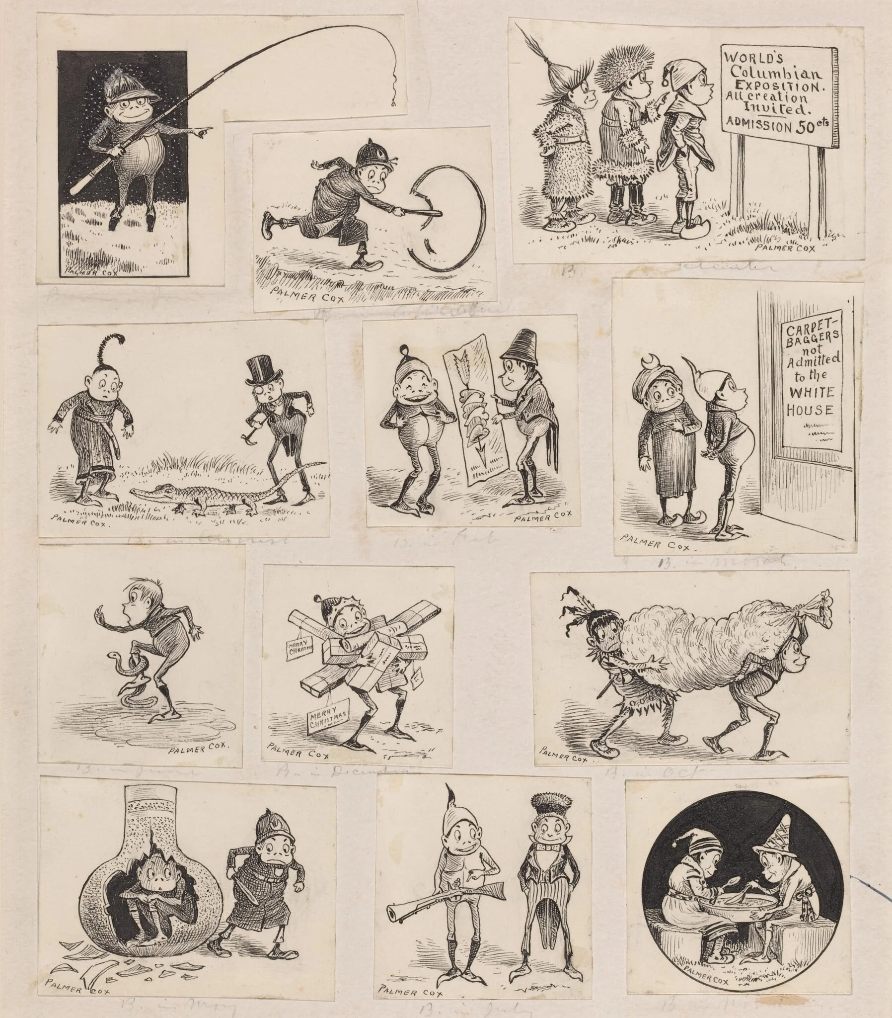 Brownies at Home - Twelve Vignettes, by Palmer Cox, ink, 1893