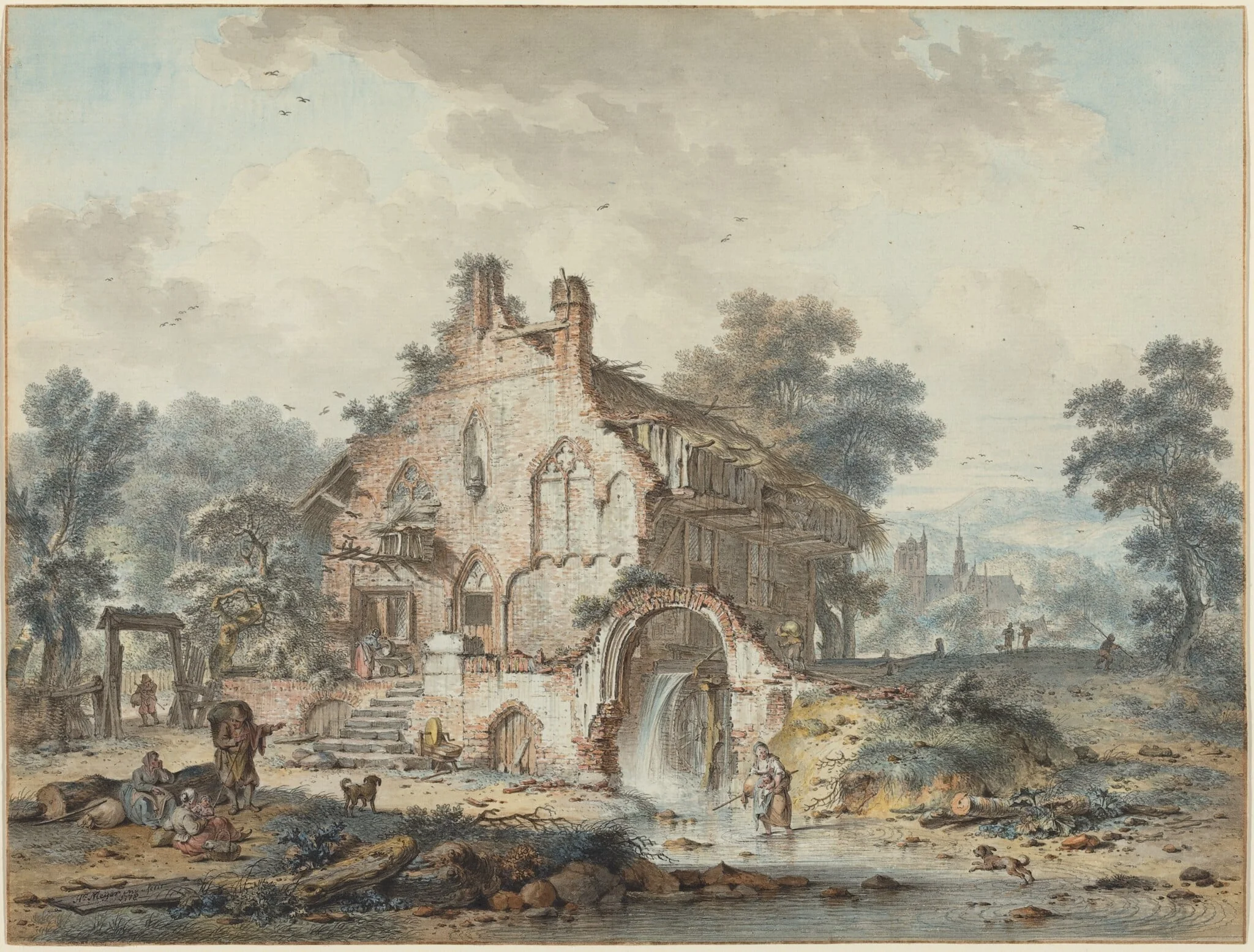 Rustic Watermill in a Gothic Ruin, by Hendrik de Meyer II, ink, 1778