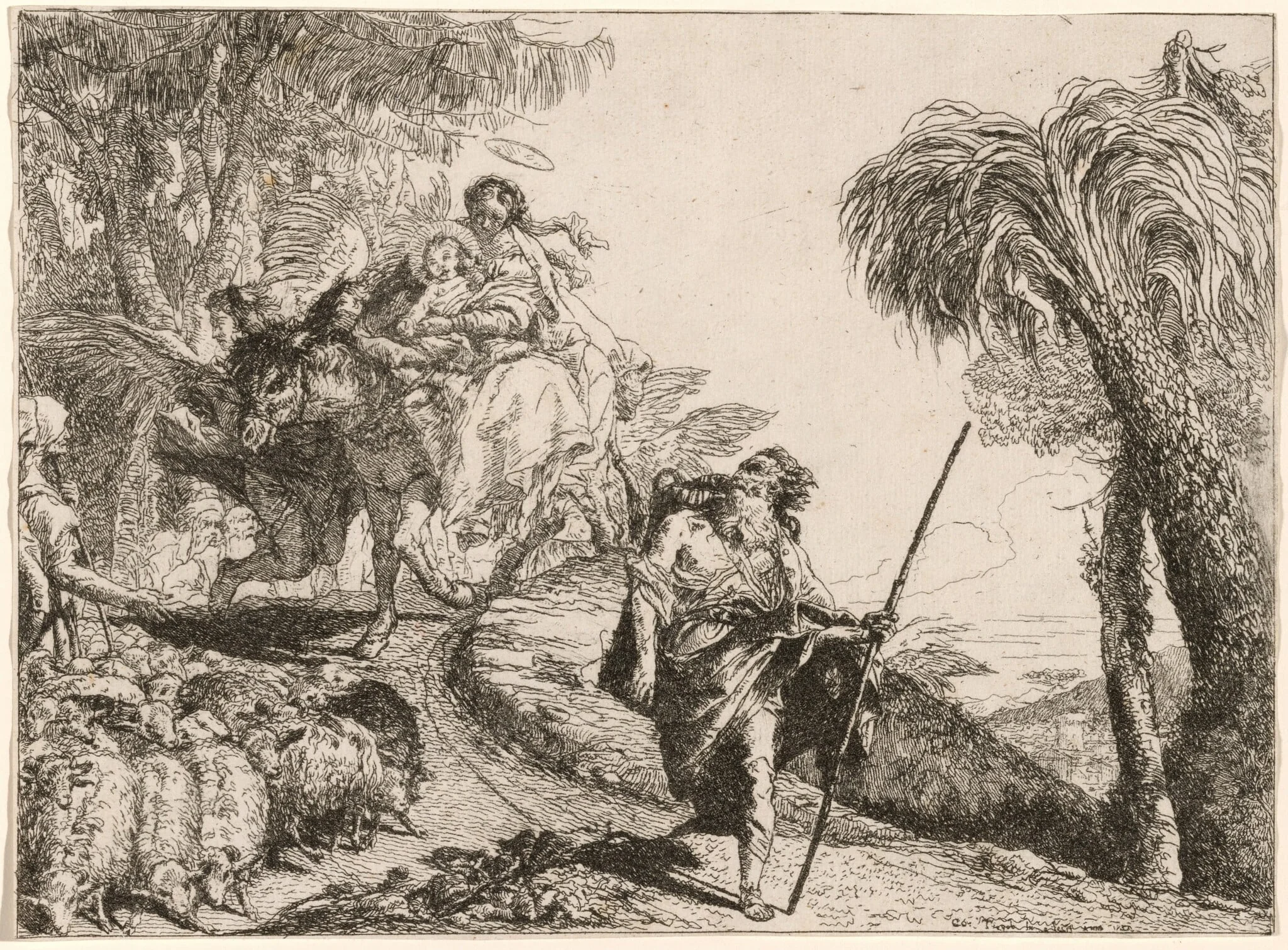 The Holy Family Descending a Path near Shepherds, by Giovanni Domenico Tiepolo, ink, 1752