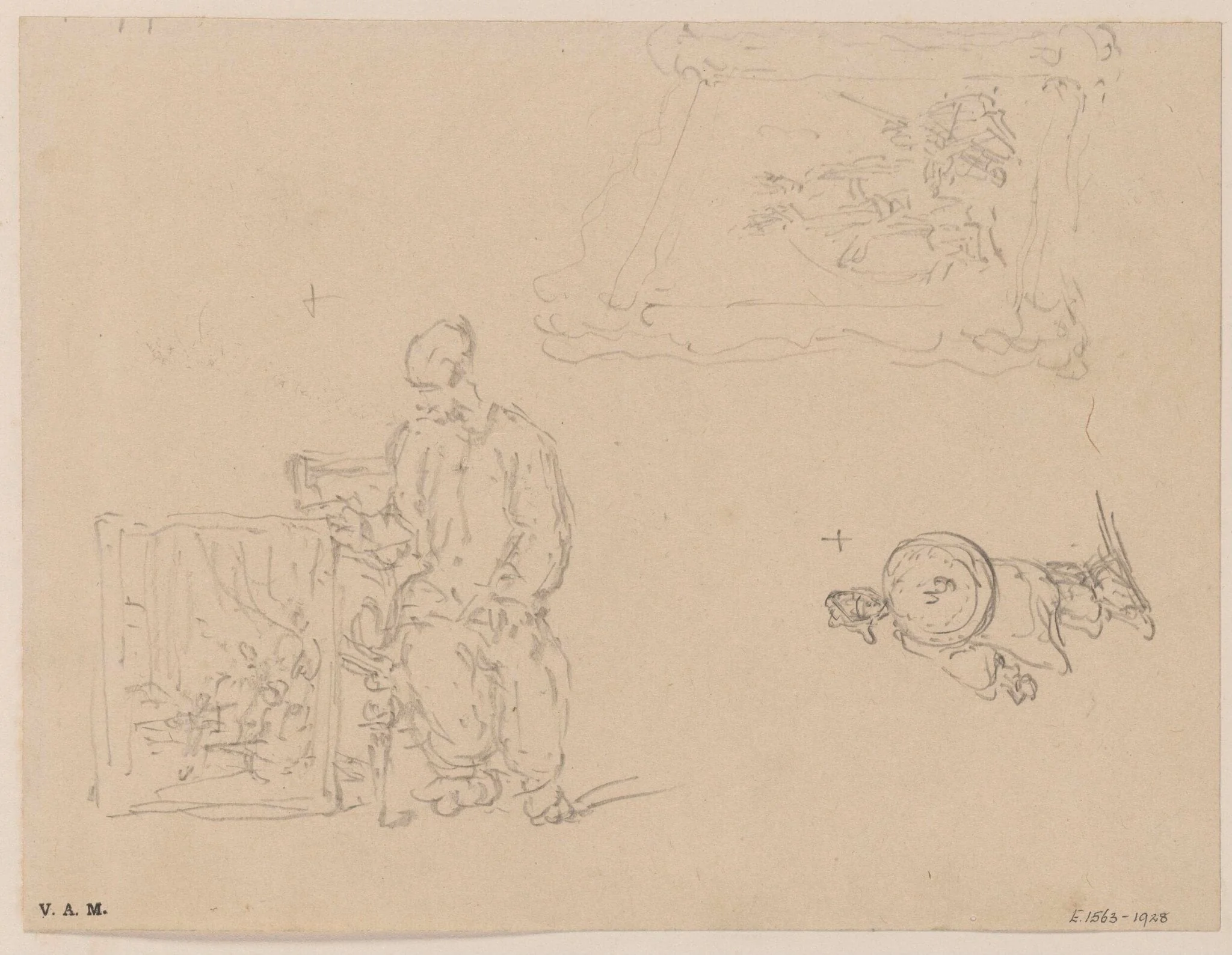 A figure seated beside a portrait, and other sketches
