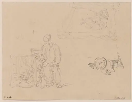 A figure seated beside a portrait, and other sketches