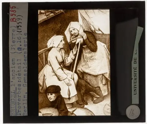 Pieter Brueghel de Oude. Nederlandse spreekwoorden Detail: De ene rokkent wat de andere spint