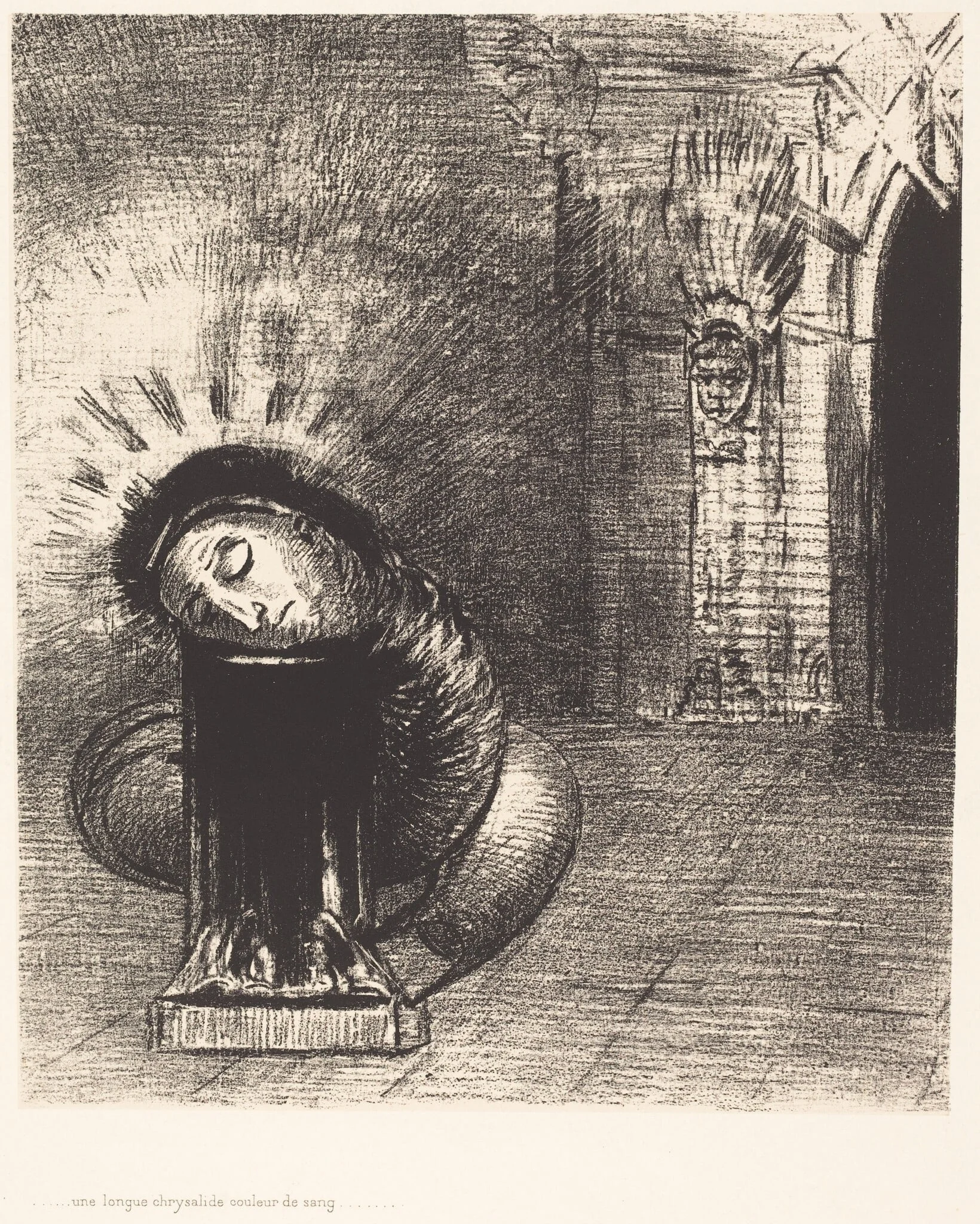 Une longue chrysalide couleur de sang (A longchrysalis, the color of blood), by Odilon Redon, ink, 1889
