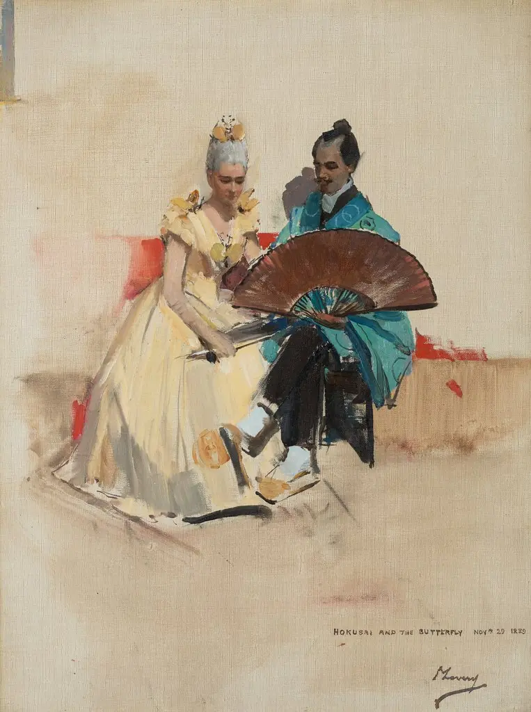 Edward Arthur Walton, 1860 - 1922. Artist (With his fiancee Helen Law or Henderson, 1859 - 1945, later Mrs Edward Arthur Walton, as Hokusai and the Butterfly)