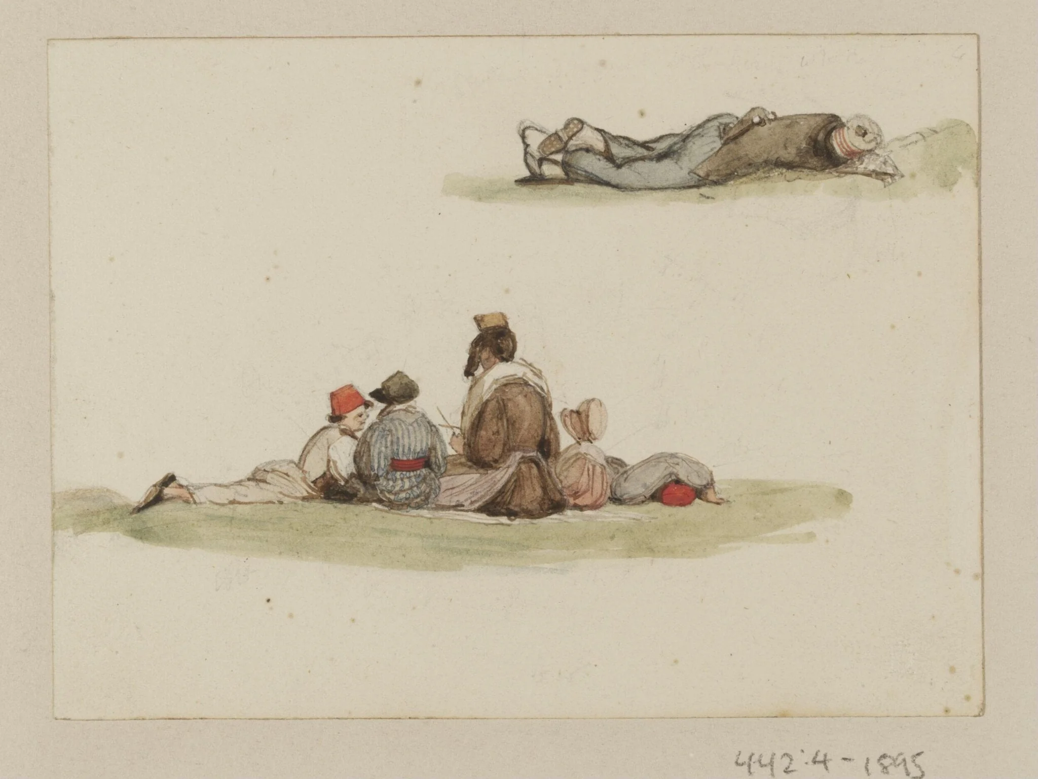 Figures seated and lying on the ground