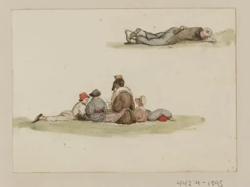 Figures seated and lying on the ground