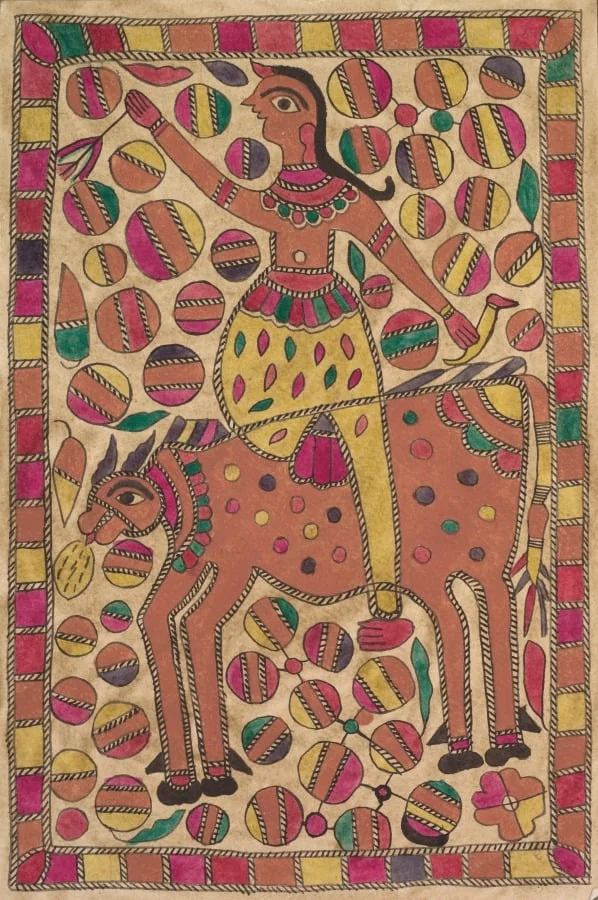 Rider and four-legged bovine creature with border of colored squares, by Unknown, unspecified, 1904