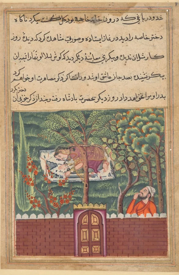 Khulasa, a vizier, sees the daughter of Khassa, another vizier, and covets her, from a Tuti-nama (Tales of a Parrot): Fifty-first Night, by Unknown, unspecified, 1560