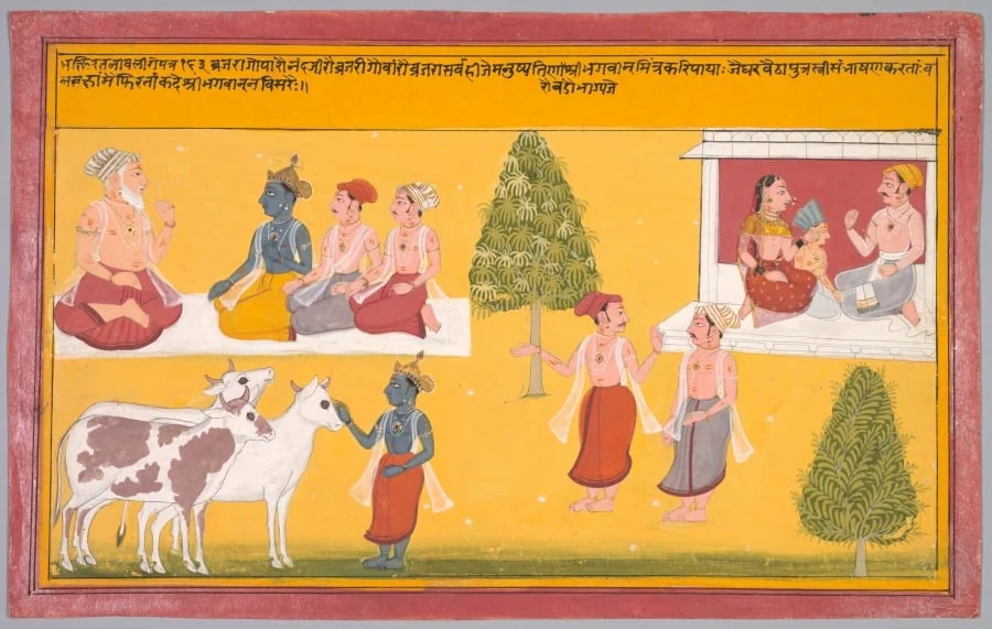 Friends of Krishna, folio 163 from a Bhakti Ratnavali of Vishnu Puri, by Unknown, unspecified, 1738