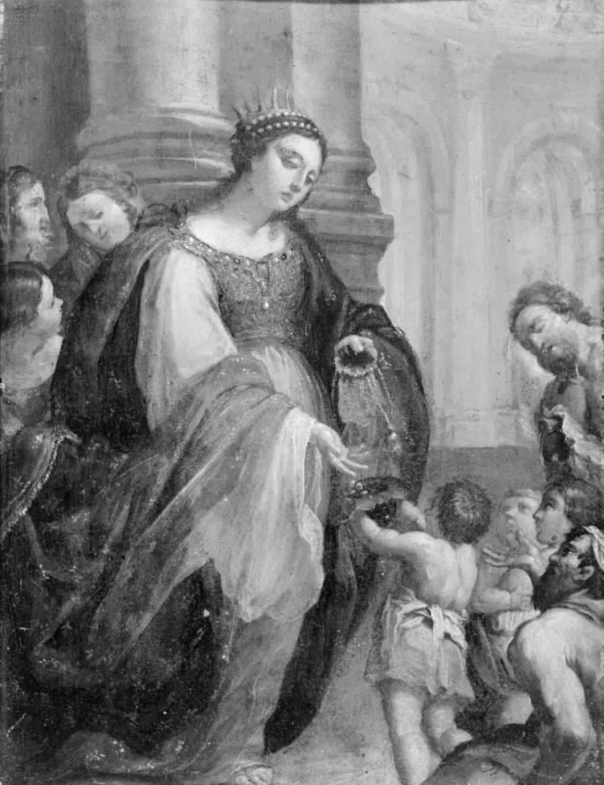 En fransk dronning med krone og blå kappe indvirket med guld, liljer, giver almisse til de fattige, by Unknown, 1779