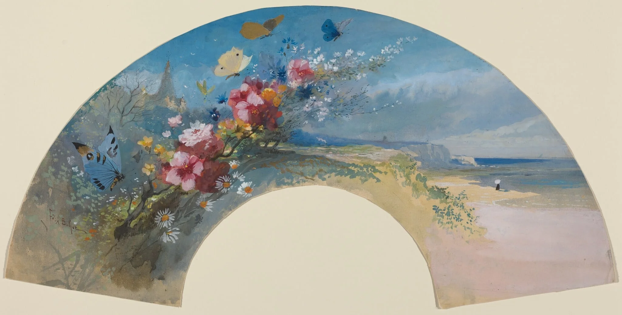 Fan with Wildflowers and Butterflies against the Norman Coast, by Félix-Hilaire Buhot, gouache, 1875