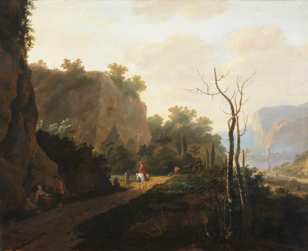 A Rocky Landscape with Figures, Sunset