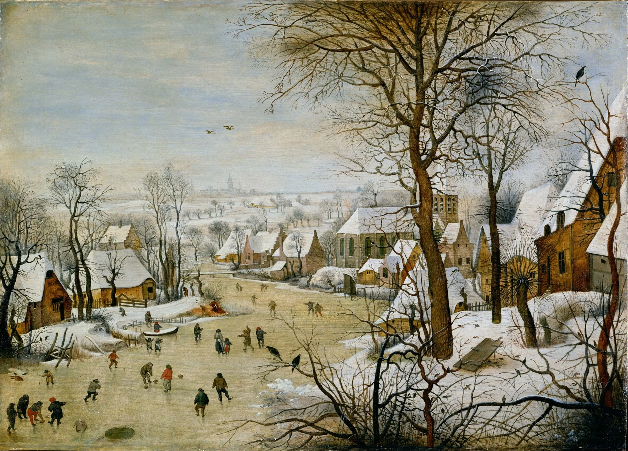 Winter Landscape with Bird Trap, by Pieter Brueghel the Younger, oil, 1610