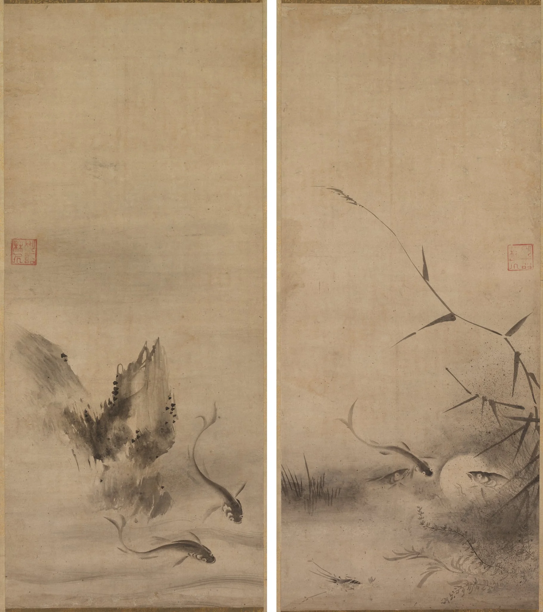 Fish and Rock; Fish and Seaweed, by Rinkyo, unspecified, 1536