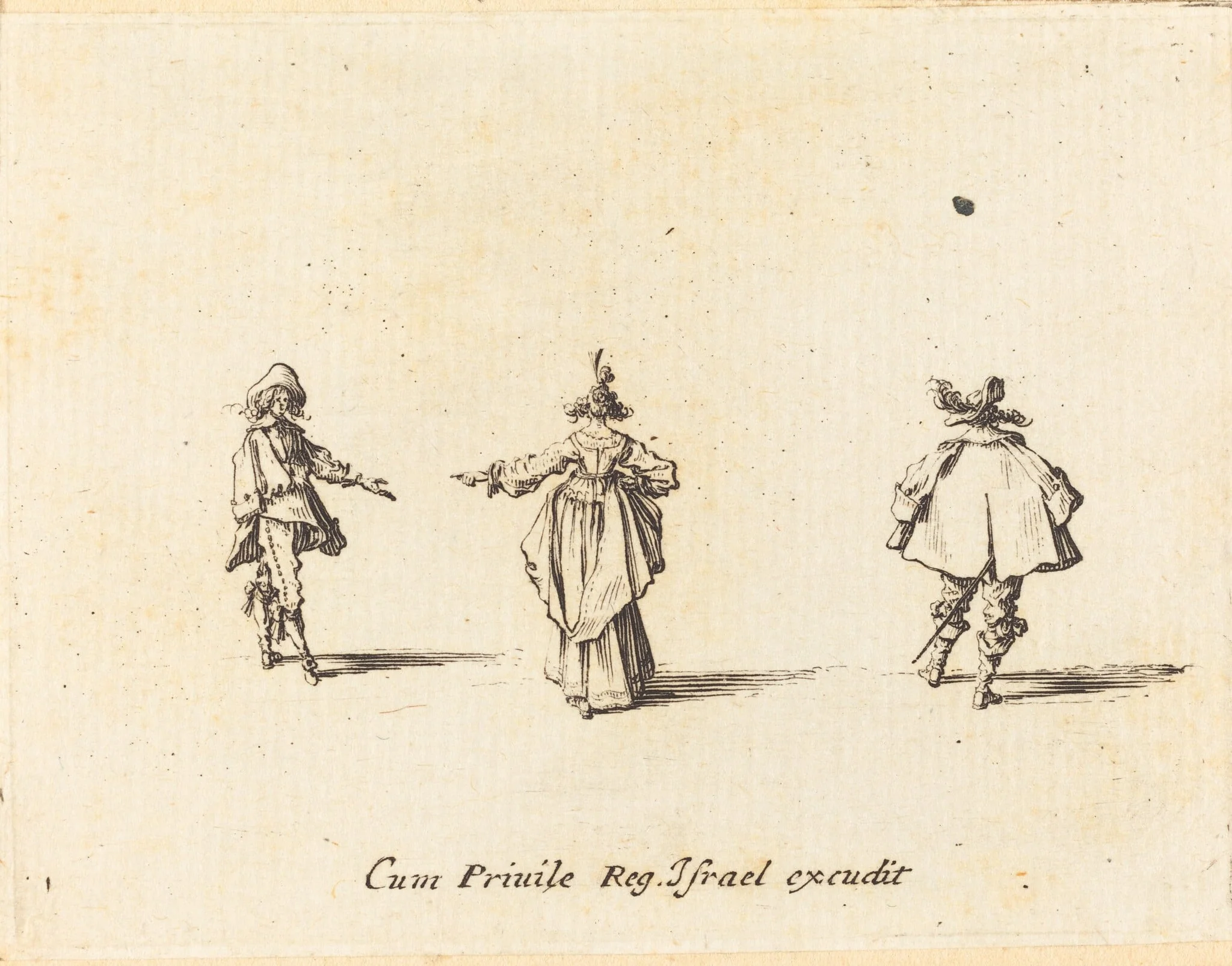 Lady with Outstretched Arm, Seen from Behind, and Two Gentlemen, by Jacques Callot, ink, 1634