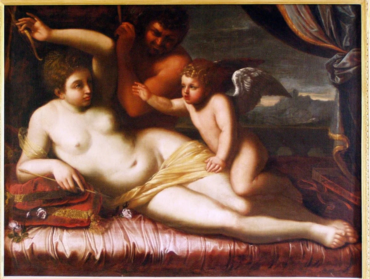 Venus și Amor, pândiți de Pan (în Registrul inventar: Venus și Amor), by Agostino Carracci, unspecified, 1597