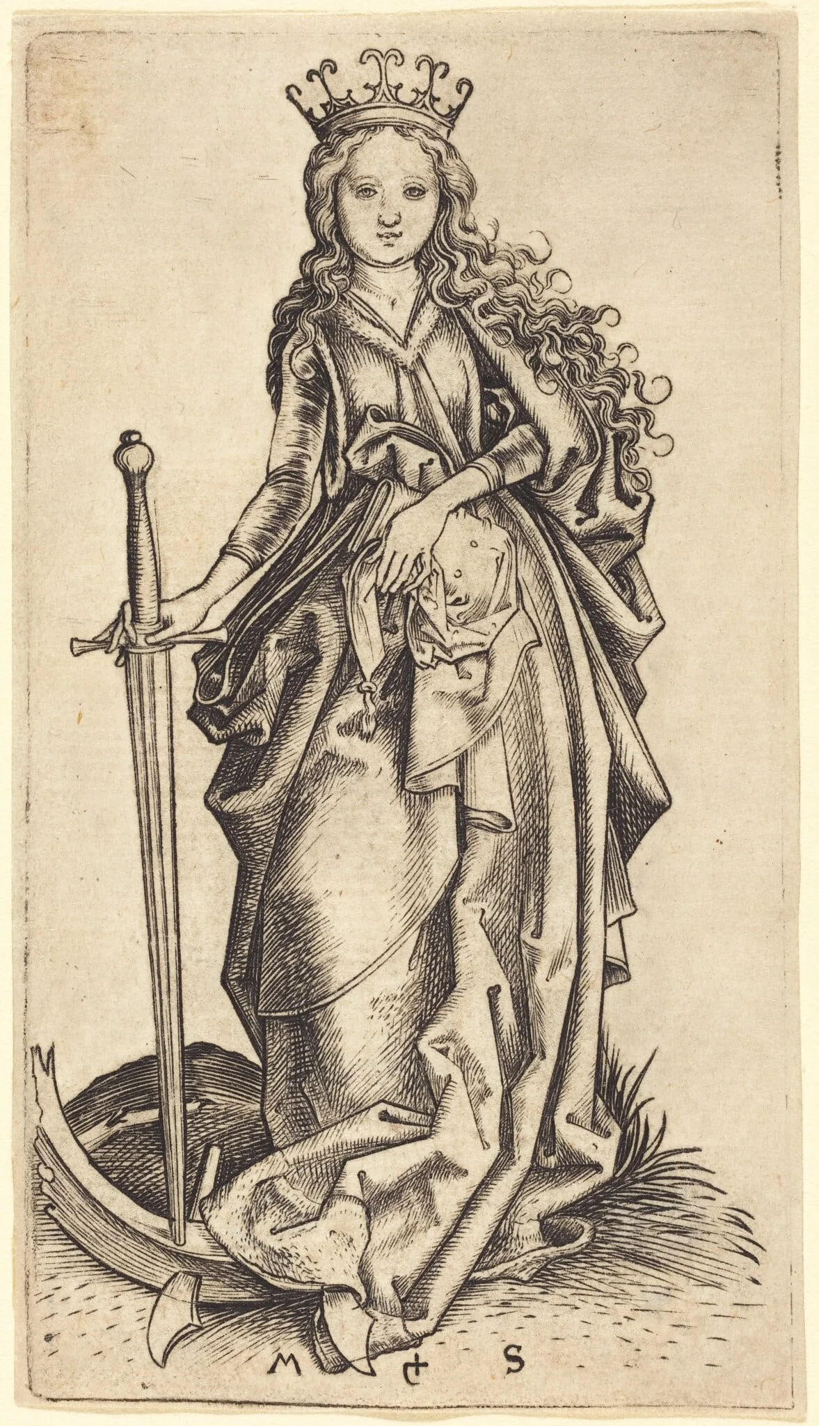 Saint Catherine of Alexandria, by Martin Schongauer, ink, 1485