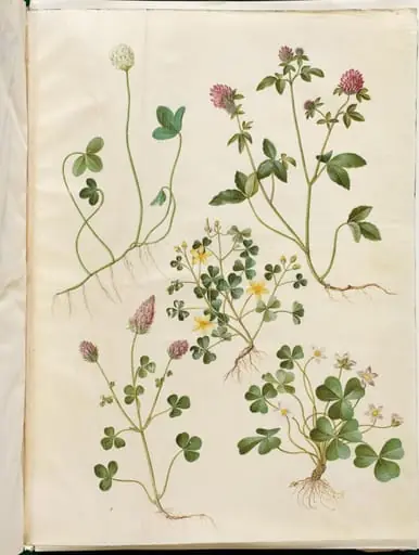 Trifolium repens (hvid-kløver); Trifolium pratense (rød-kløver); Oxalis corniculata (nedliggende surkløver); Trifolium incarnatum (blod-kløver); Oxalis acetosella (skovsyre)